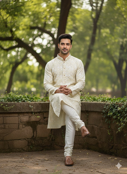 Timeless Elegance: Men's Cream Self-Design Kurta Set