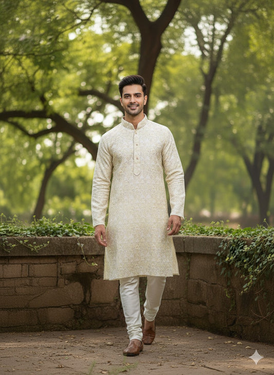Timeless Elegance: Men's Cream Self-Design Kurta Set