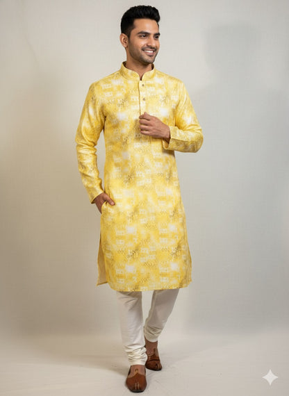Men's Sunny Yellow Abstract Print Kurta Set