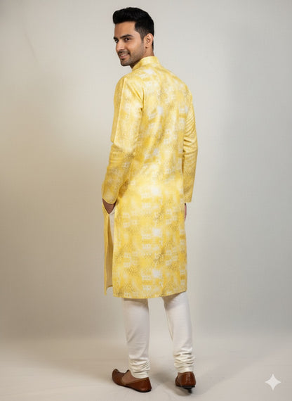Men's Sunny Yellow Abstract Print Kurta Set