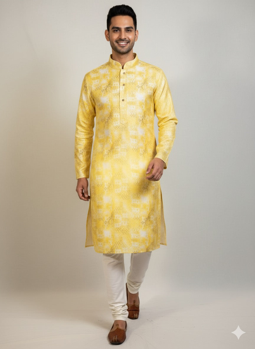 Men's Sunny Yellow Abstract Print Kurta Set