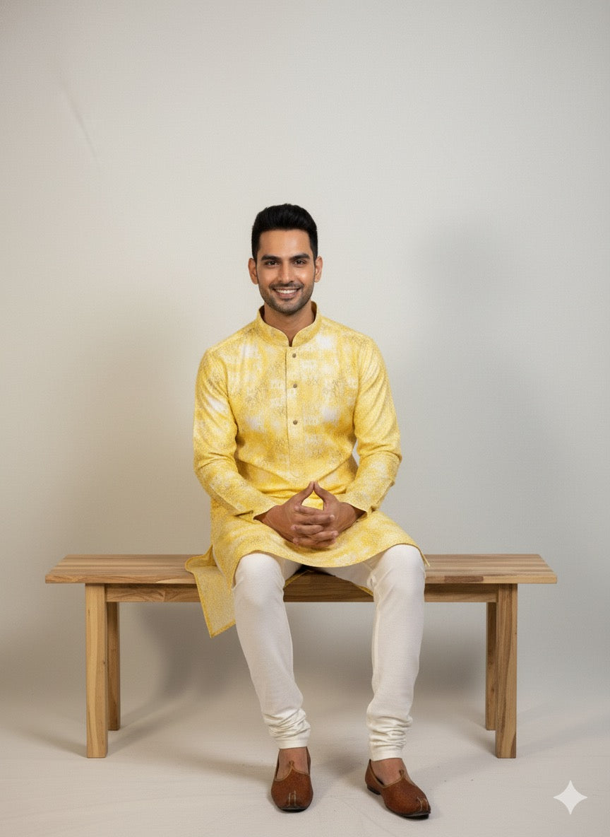 Men's Sunny Yellow Abstract Print Kurta Set