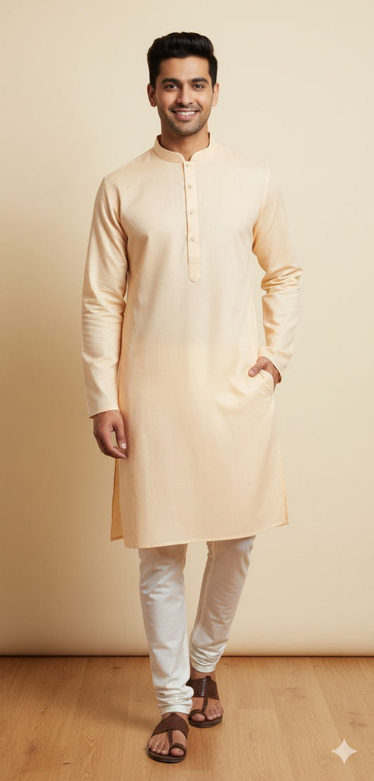 Men's Classic Peach Self-Dobby Kurta Set