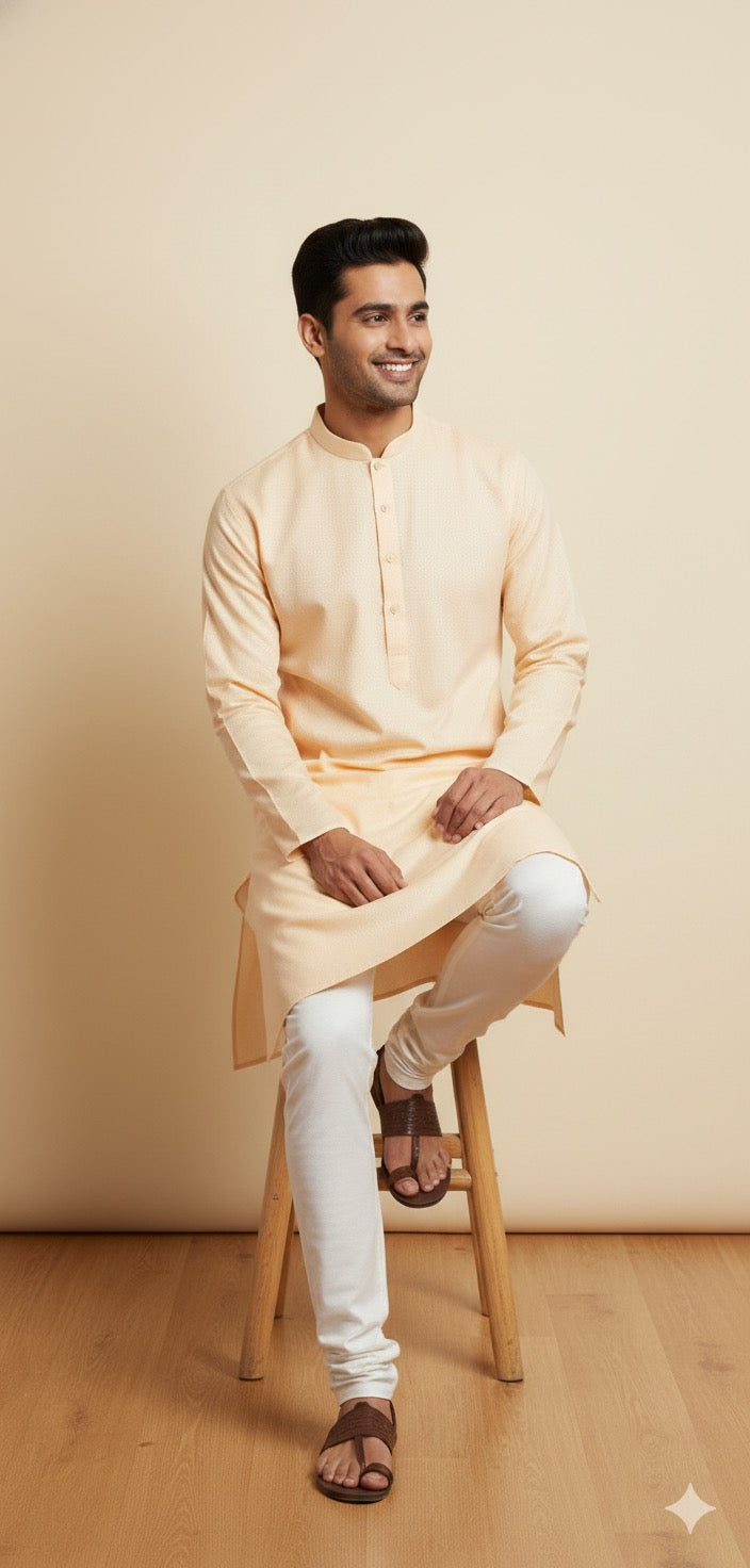 Men's Classic Peach Self-Dobby Kurta Set