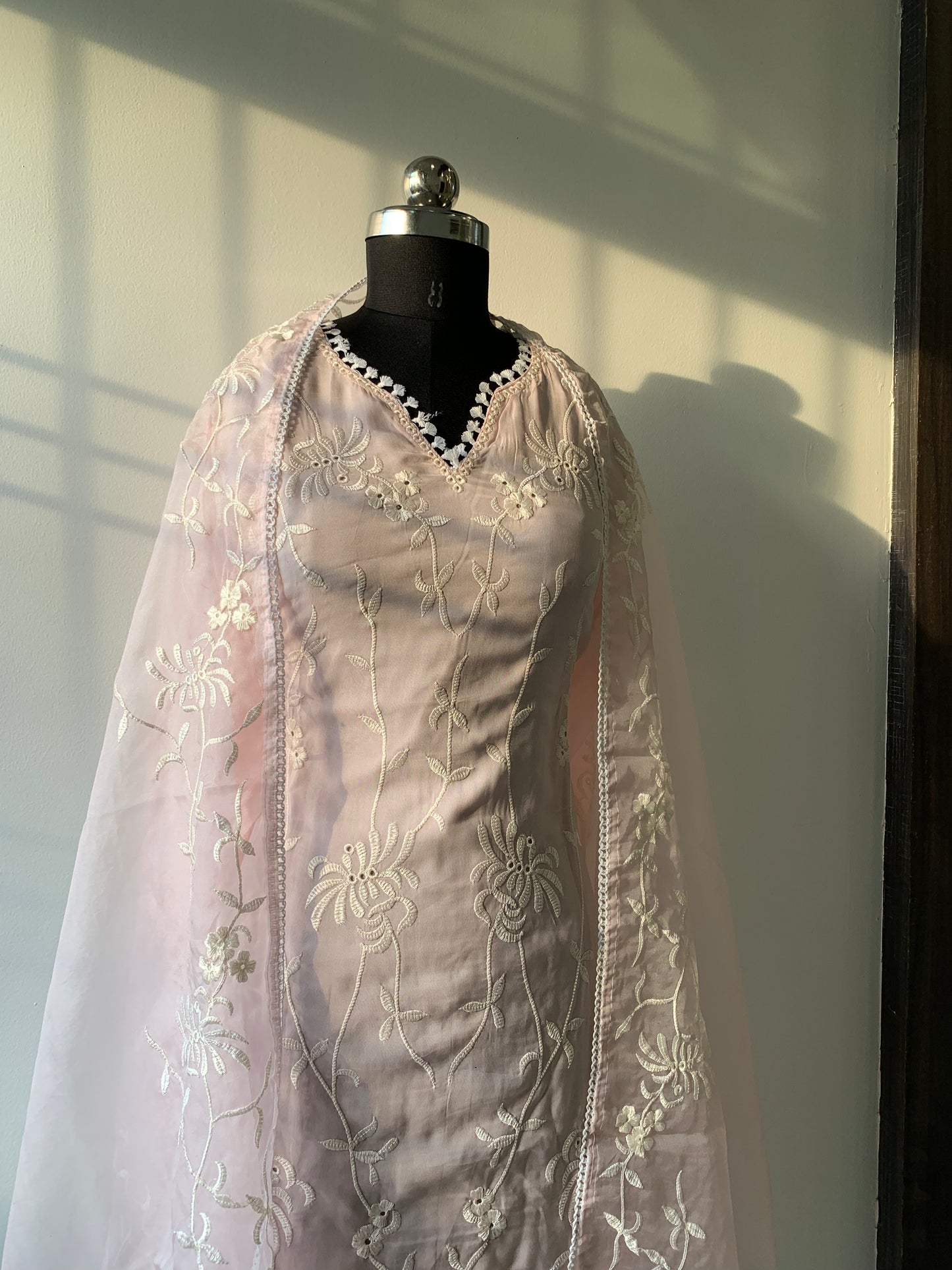 Organza Pink Pant Suit Set In Lucknowi Embroidery With Thread work and Dupatta