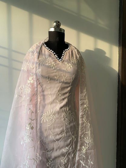 Organza Pink Pant Suit Set In Lucknowi Embroidery With Thread work and Dupatta