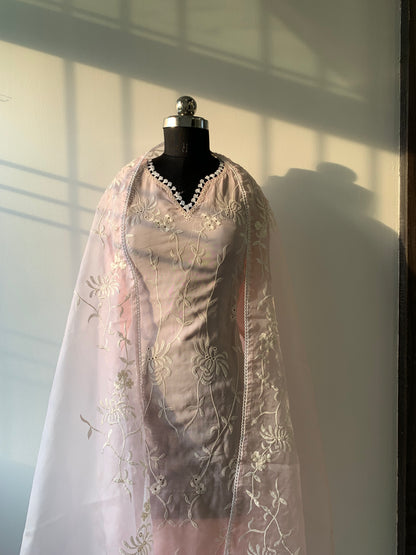 Organza Pink Pant Suit Set In Lucknowi Embroidery With Thread work and Dupatta