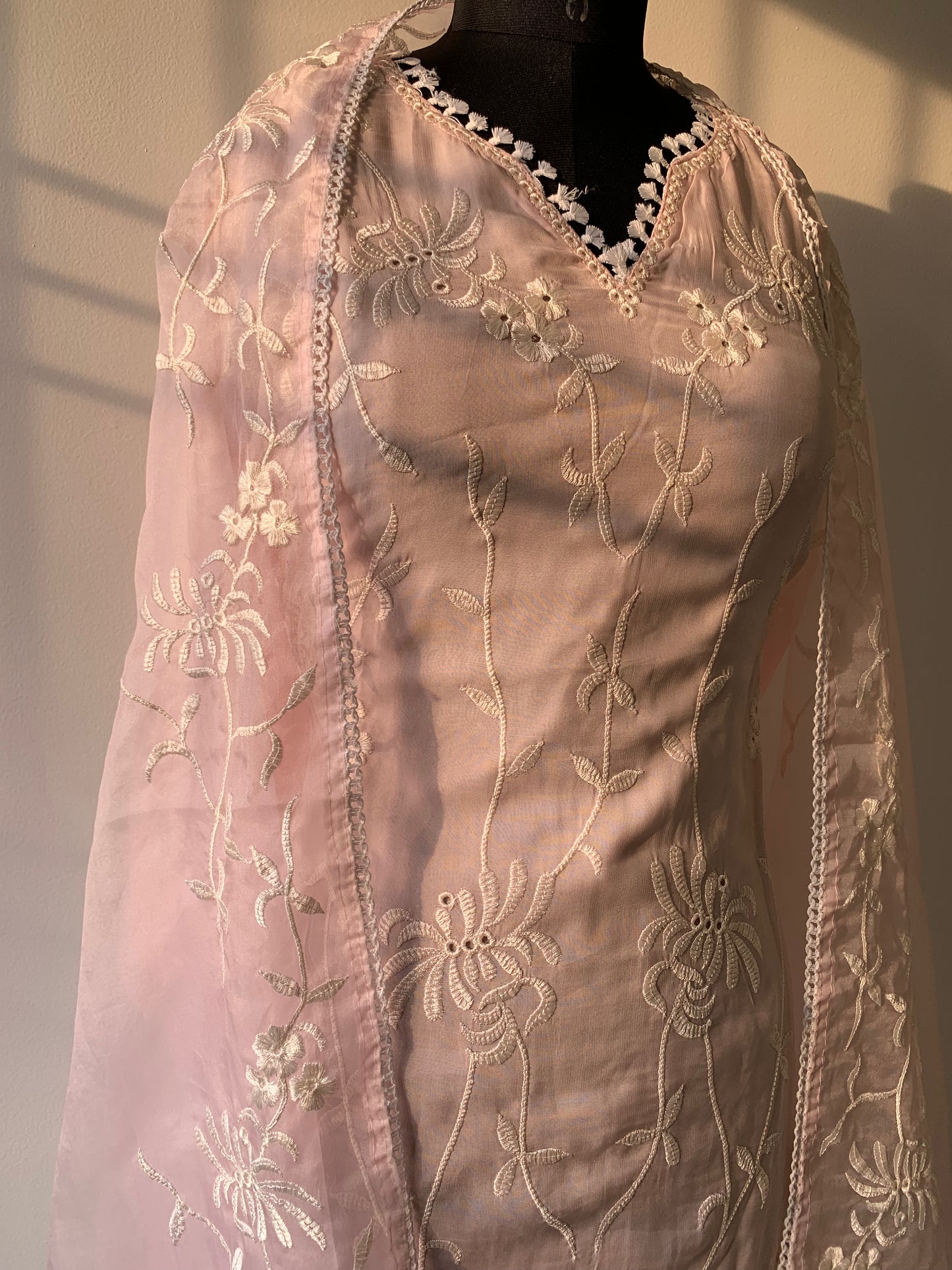 Organza Pink Pant Suit Set In Lucknowi Embroidery With Thread work and Dupatta