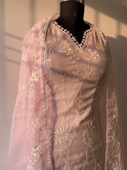 Organza Pink Pant Suit Set In Lucknowi Embroidery With Thread work and Dupatta