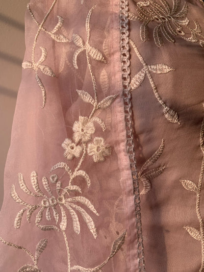 Organza Pink Pant Suit Set In Lucknowi Embroidery With Thread work and Dupatta