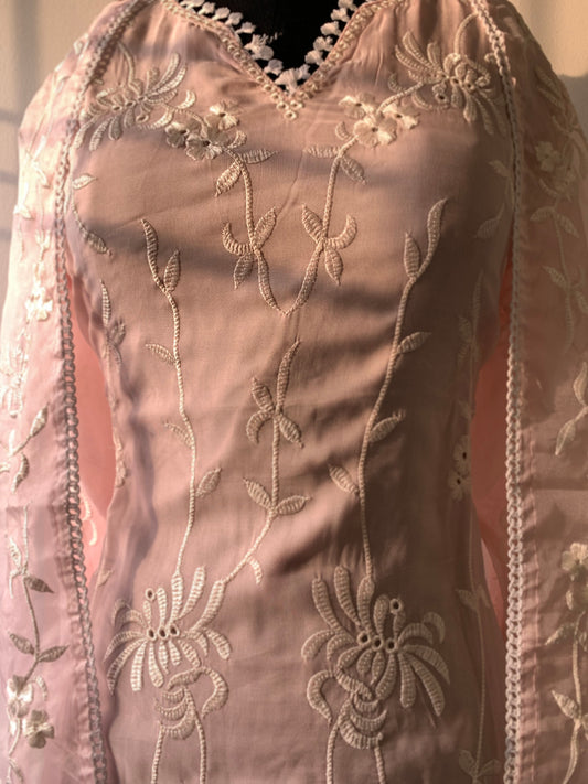 Organza Pink Pant Suit Set In Lucknowi Embroidery With Thread work and Dupatta