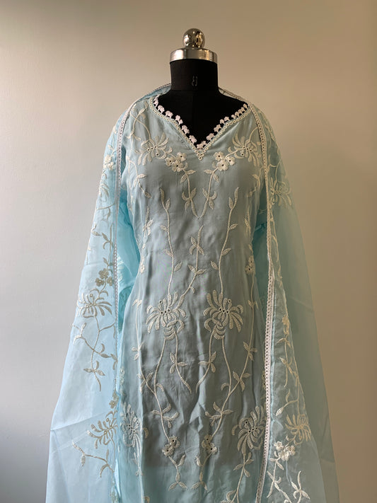 Organza Sky Blue Pant Suit Set In Lucknowi Embroidery With Thread work and Dupatta