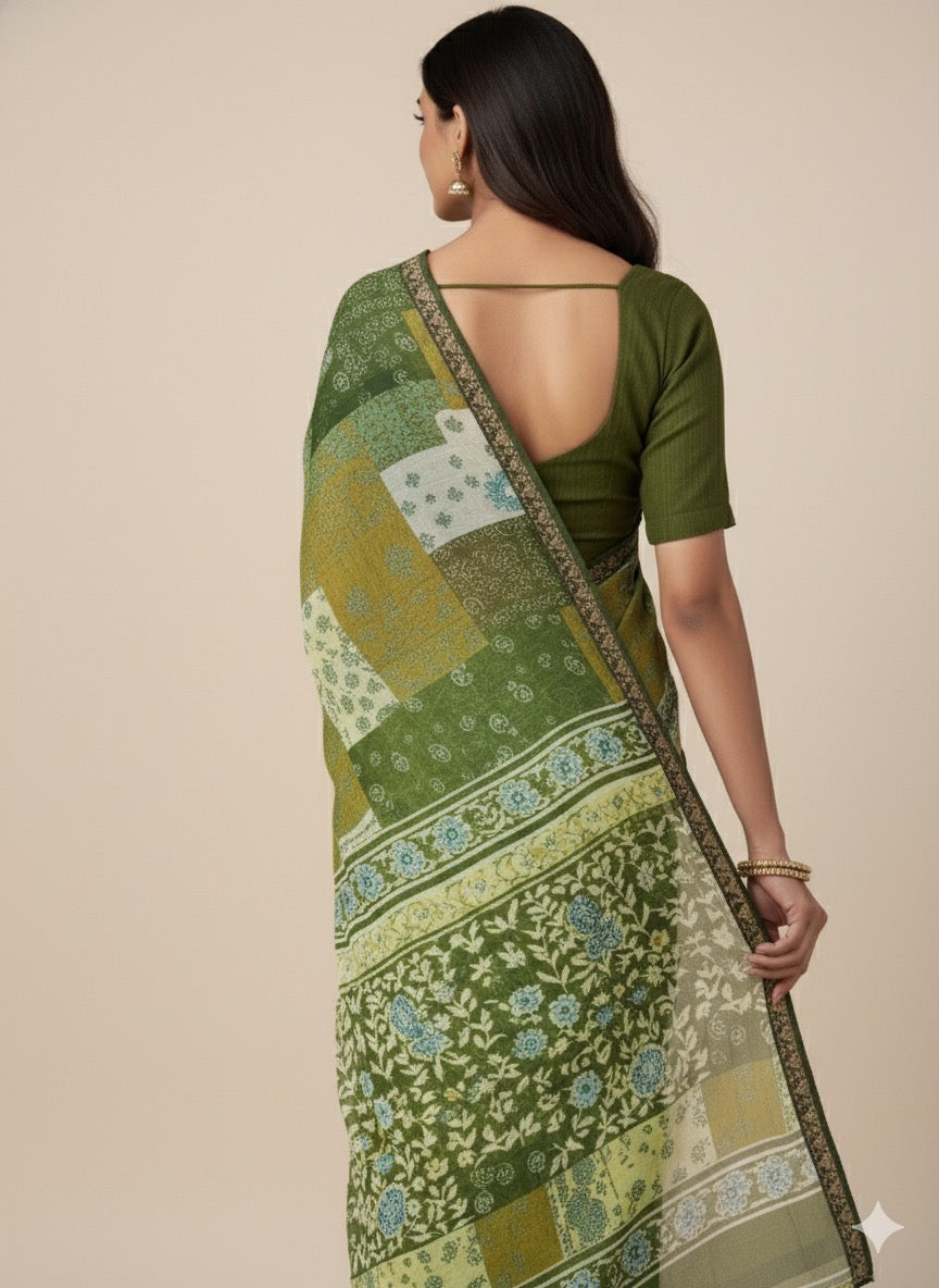 Earthy Elegance: Olive Green Patchwork Print Saree