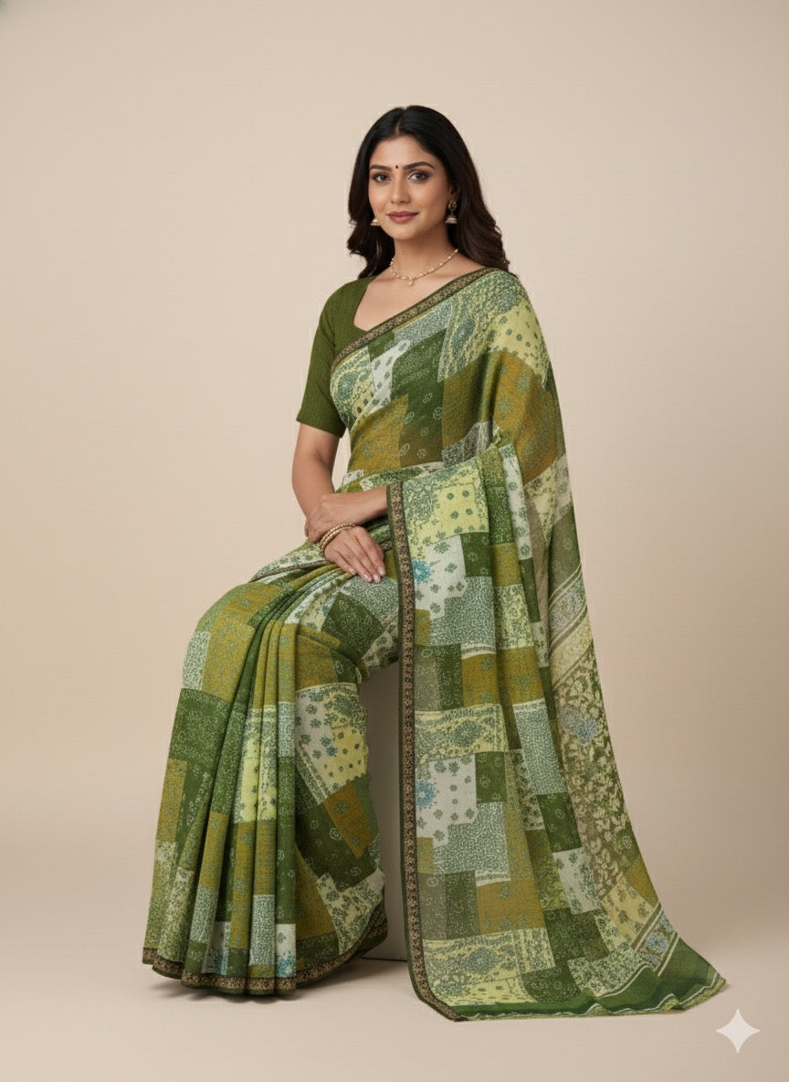 Earthy Elegance: Olive Green Patchwork Print Saree
