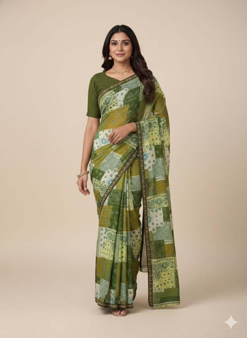 Earthy Elegance: Olive Green Patchwork Print Saree