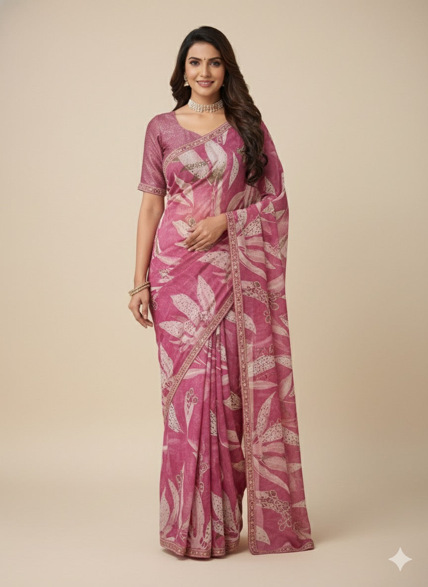 Blush Orchid Printed Linen Saree