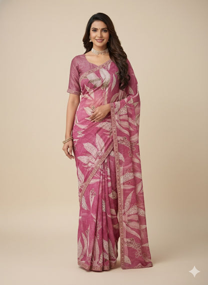 Blush Orchid Printed Linen Saree