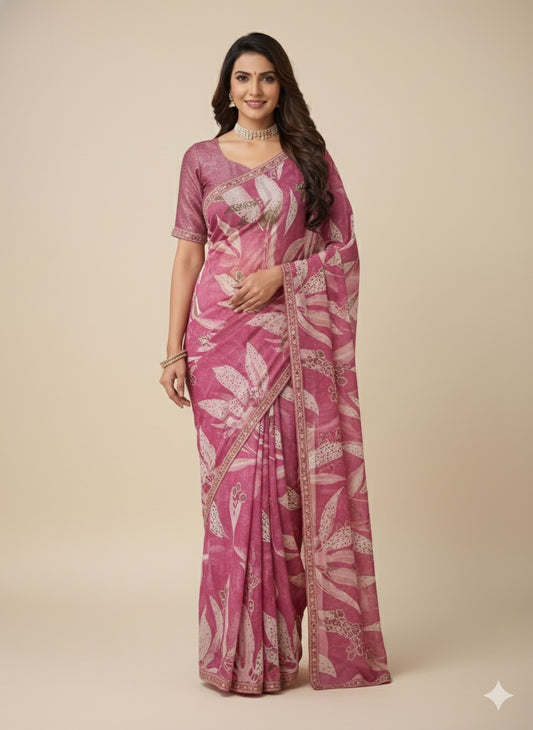 Blush Orchid Printed Linen Saree
