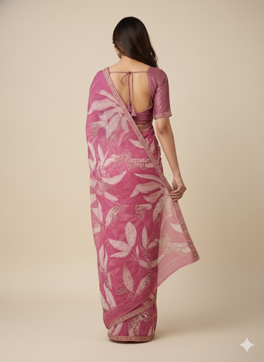 Blush Orchid Printed Linen Saree