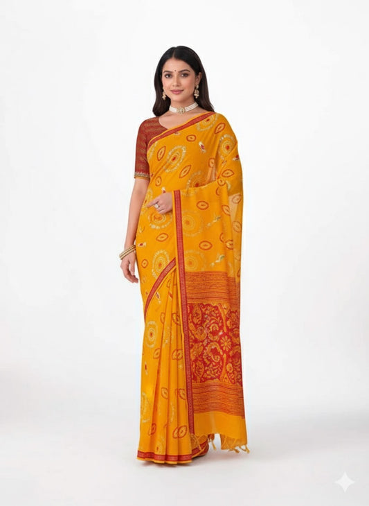 Vibrant Haldi Yellow Saree with Red Paisley &amp; Motif Print