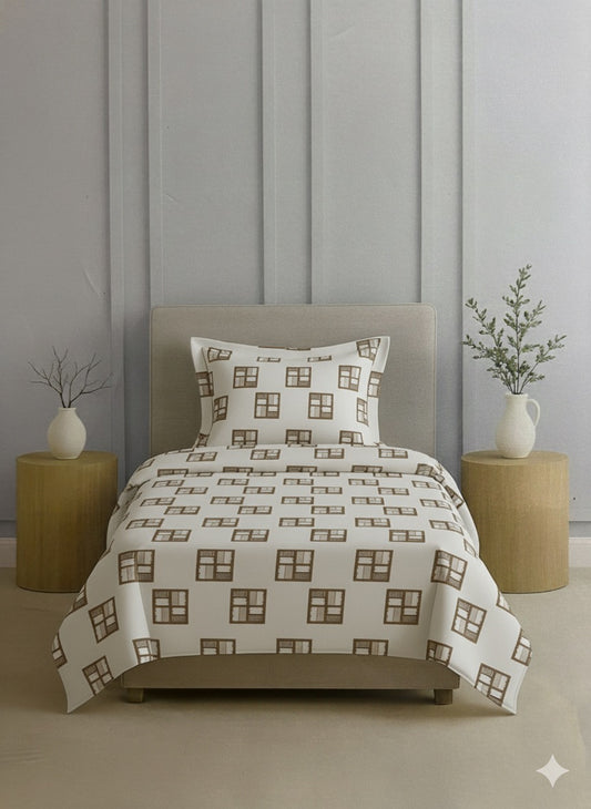 Urban Grid Beige King Size Cotton Bedsheet Set – Contemporary Minimalism for Modern Homes