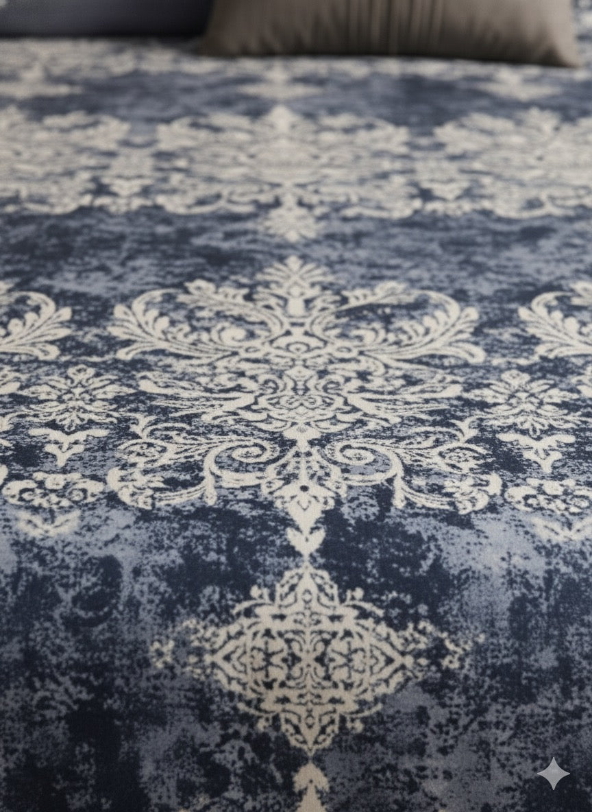 Royal Indigo Damask King Size Cotton Bedsheet Set – Classic Luxury Redefined