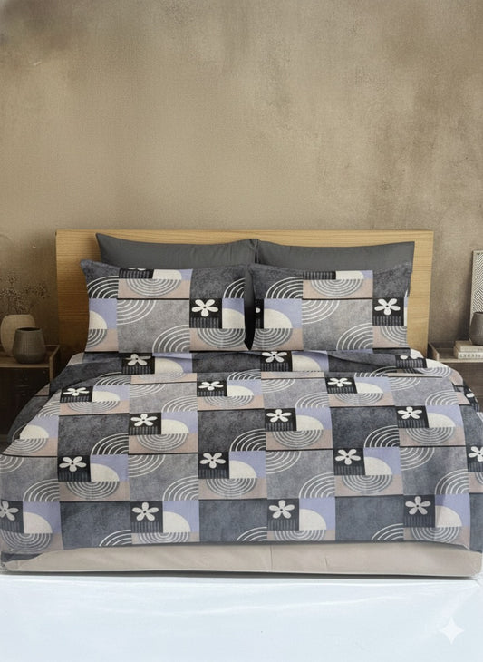 Midnight Bloom King Size Cotton Bedsheet Set – Geometric & Floral Design