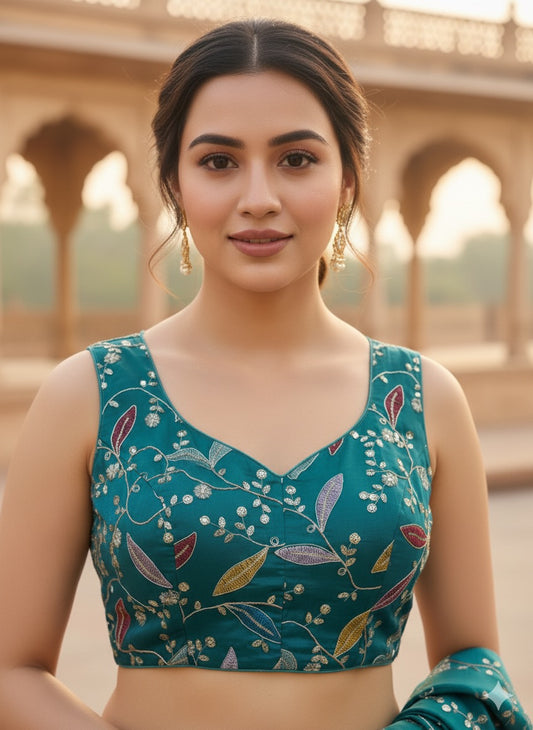 Teal Embroidered Blouse with Multicolor Leaf Motifs