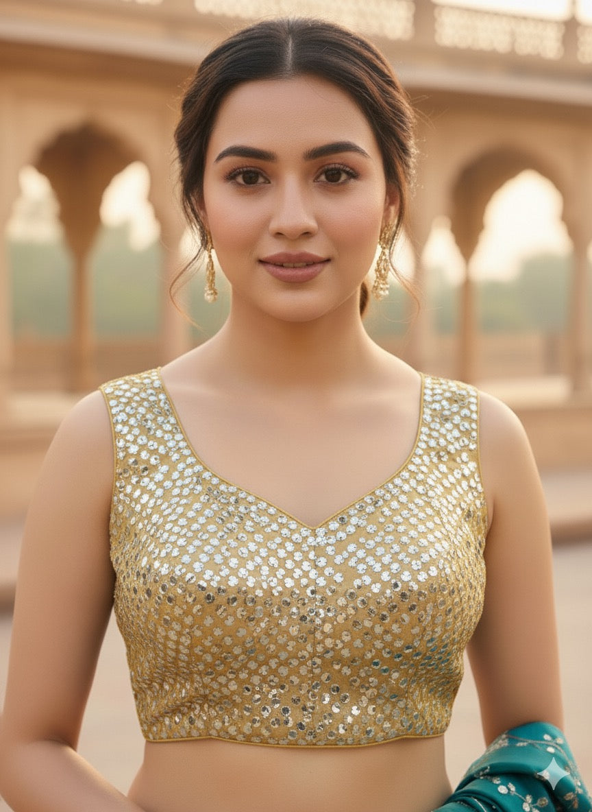 Golden Mirror-Embellished Sleeveless Blouse