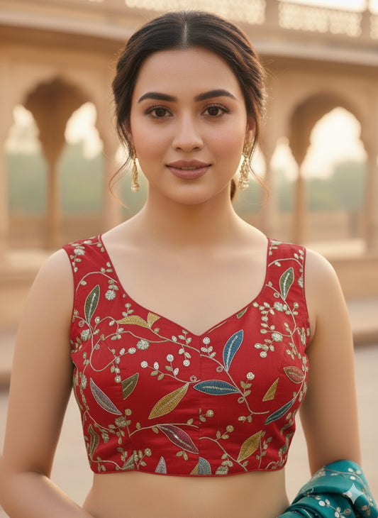 Red Hand-Embroidered Silk Blouse with Multicolour Threadwork