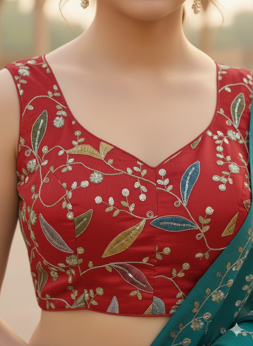 Red Hand-Embroidered Silk Blouse with Multicolour Threadwork