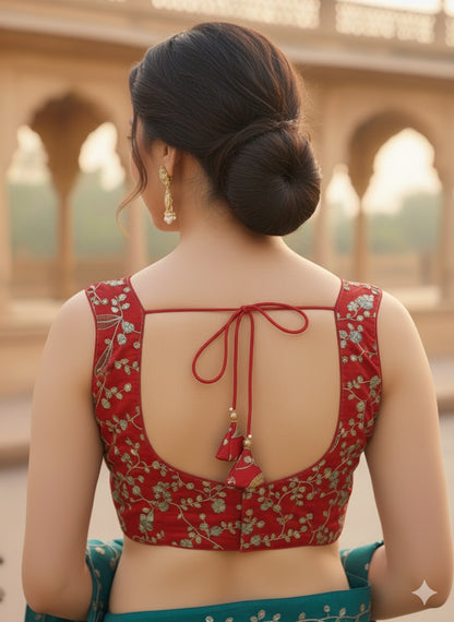 Red Hand-Embroidered Silk Blouse with Multicolour Threadwork