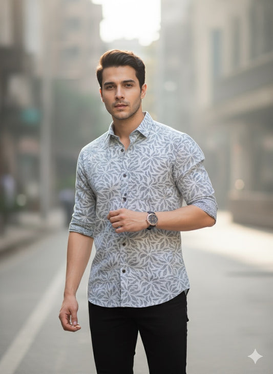 White Leaf Print Cotton Shirt