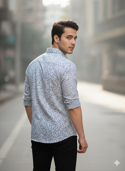 White Leaf Print Cotton Shirt