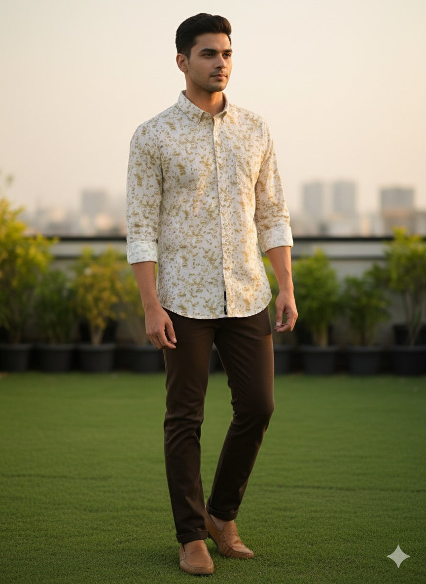 Beige Floral Printed Cotton Shirt