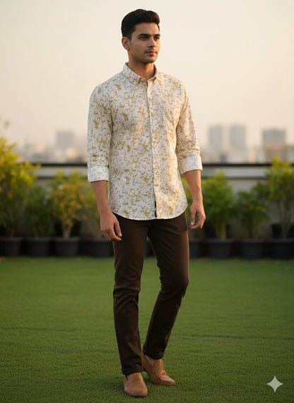 Beige Floral Printed Cotton Shirt