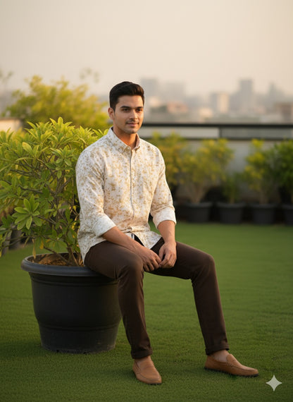 Beige Floral Printed Cotton Shirt