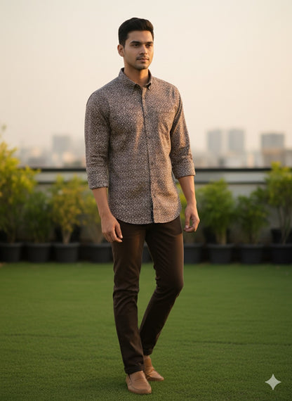 Brown Geometric Print Cotton Shirt