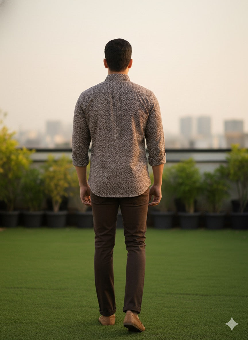 Brown Geometric Print Cotton Shirt