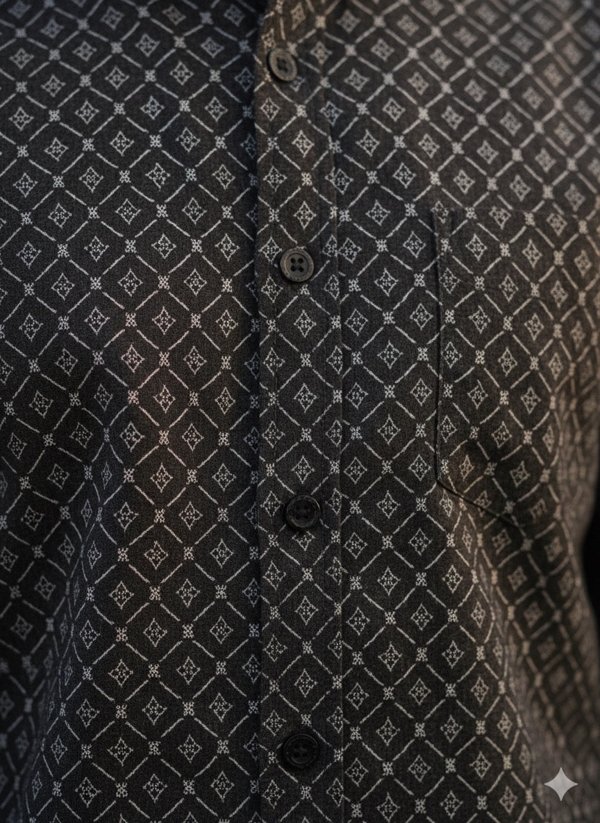 Black Mandarin Collar Printed Shirt