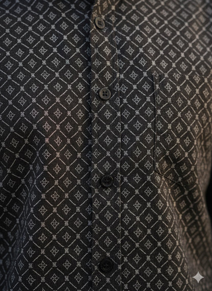 Black Mandarin Collar Printed Shirt