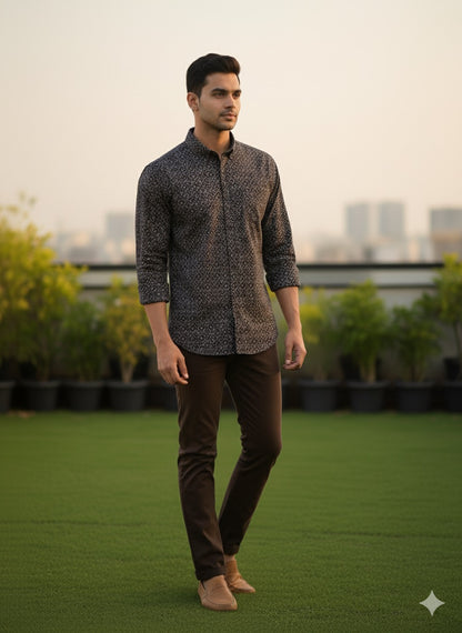 Black Mandarin Collar Printed Shirt