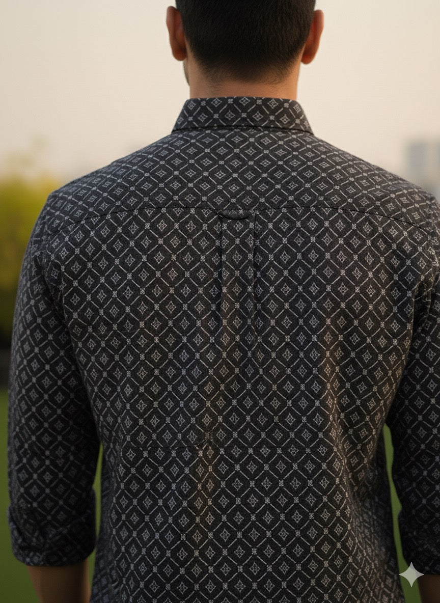 Black Mandarin Collar Printed Shirt