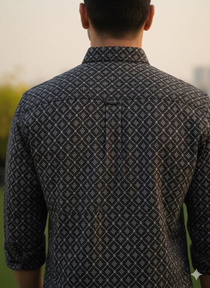 Black Mandarin Collar Printed Shirt