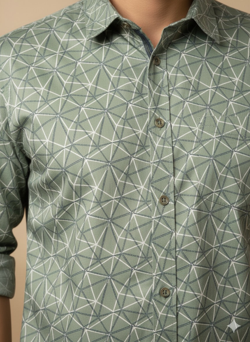 Sage Green Geometric Print Cotton Shirt
