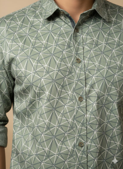 Sage Green Geometric Print Cotton Shirt