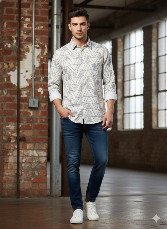 White Geometric Printed Casual Shirt