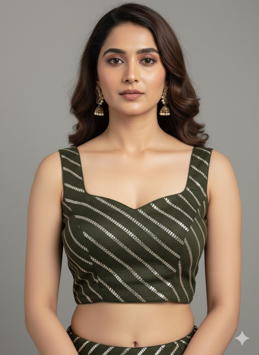 Olive Luxe Sequin Blouse – Modern Lines, Effortless Glamour