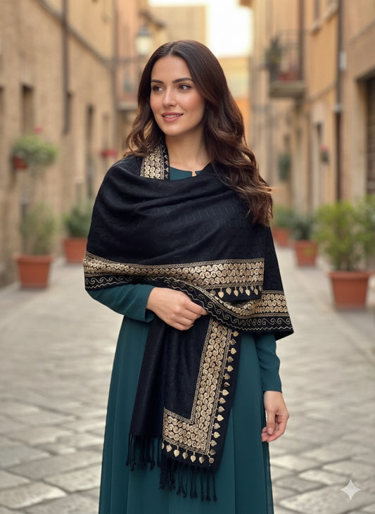 Noir Elegance Black Shawl with Antique Gold Embroidery