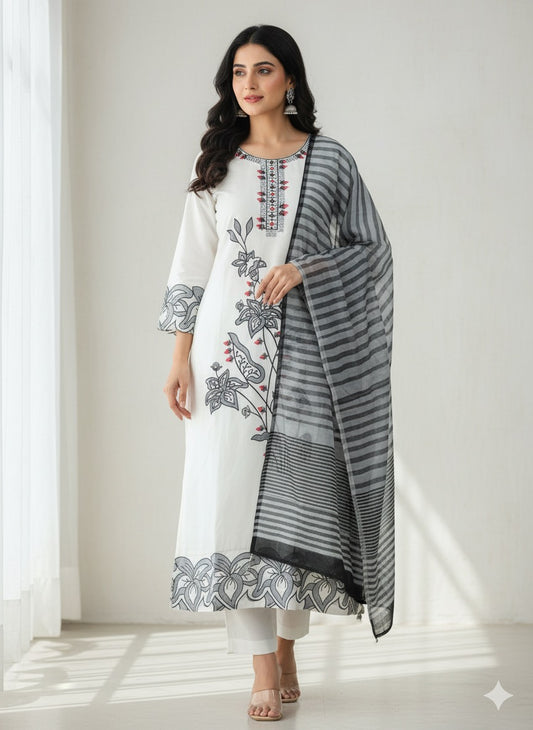 White and Grey Floral Printed Cotton Kurta Set